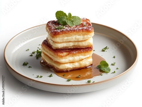 A sleek porcelain plate featuring a French baba au rhum dessert, soaked in rum syrup with a fluffy, light texture and a hint of citrus zest dessert, Photorealistic photo