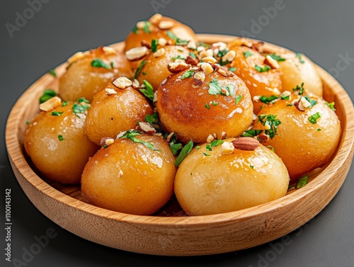 A rustic-style wooden plate with an Indian gulab jamun dessert, golden-brown deep-fried dough balls soaked in sweet syrup, garnished with crushed nuts dessert, Photorealistic photo