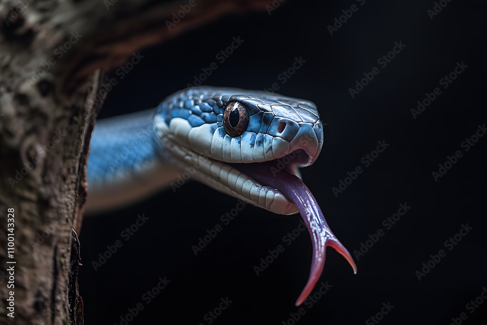 Obraz premium A blue snake, slithering on a tree branch, its tongue protruding from its mouth, Generative AI
