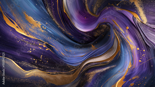 4K abstract art piece, dynamic swirling, shades of purple, blue, and gold. Textured accents, flowing motion. Background, digital ressource