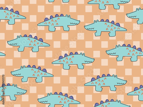 CUTE DOODLE ALIGATOR CROCODILE SEAMLESS PATTERN IN CHECKERED BACKGROUND IDEAL FOR BABY PYJAMA, SLEEPWEARS BABY OUTFITS IN VECTOR