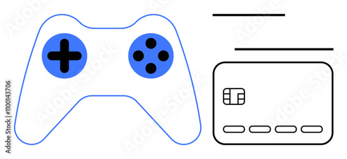 Game controller and credit card, highlighting online gaming and digital payments. Ideal for gaming industry, e-commerce, fintech, digital wallets, online transactions, gaming finance, tech marketing