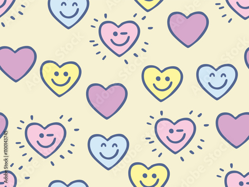 DOODLE SEAMLESS HEART EMOJI PATTERN IN PASTEL COLORS IDEAL FOR BABIES AND TODDLER BEDDINGS, PYJAMA SET SLEEPWEAR, ROMPERS AND BABY OUTFITS IN VECTOR