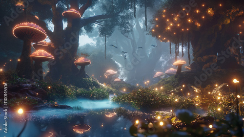 Magical Fantasy Forest with Glowing Mushrooms & Butterflies in 4K, mystical, ethereal light. book covers, poster, vibrant colors