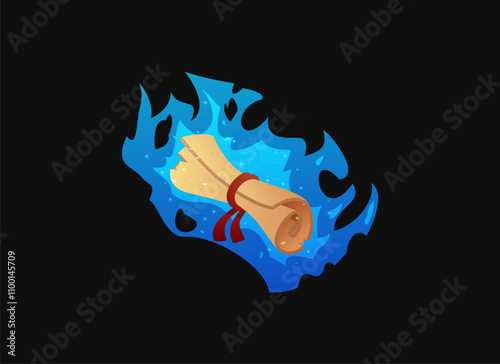 Cartoon parchment roll in blue fire flame, hot vintage paper blank scroll, vector game folded antique manuscript papyrus