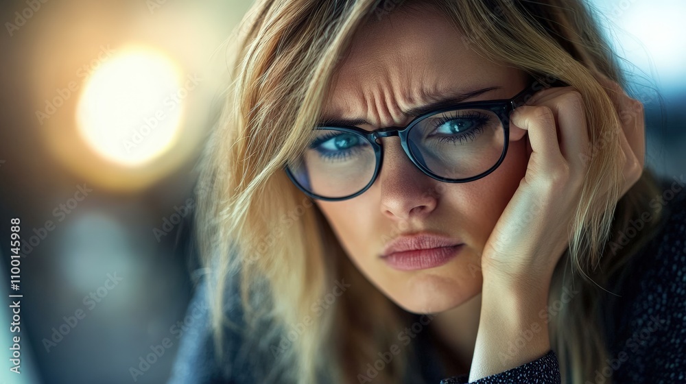 Naklejka premium Woman contemplating life's challenges indoor urban setting emotional portrait close-up view reflecting on inner strength and resilience