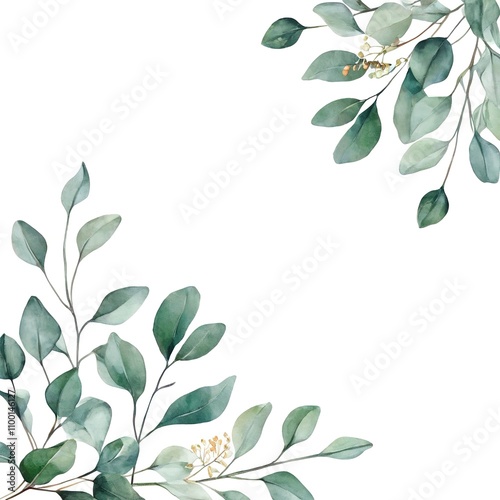 Floral Watercolor Banner with Eucalyptus Branches on White Background. Created with generative AI technology