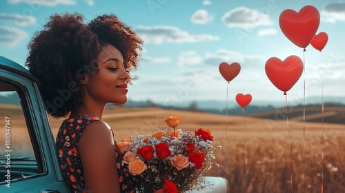 Woman with Roses and Heart Balloons photo