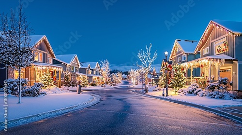 Bright Christmas Lights on Snowy Suburban Street