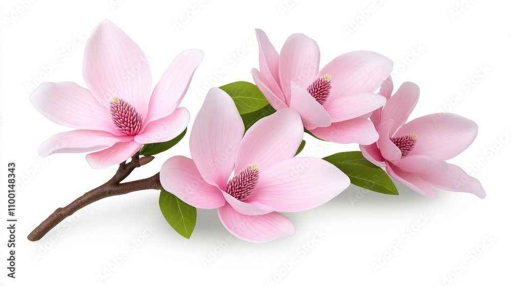 Obraz premium A photostock of delicate pink magnolia flowers in full bloom, arranged artistically on a plain white background, great for floral or spring-themed designs. High Quality