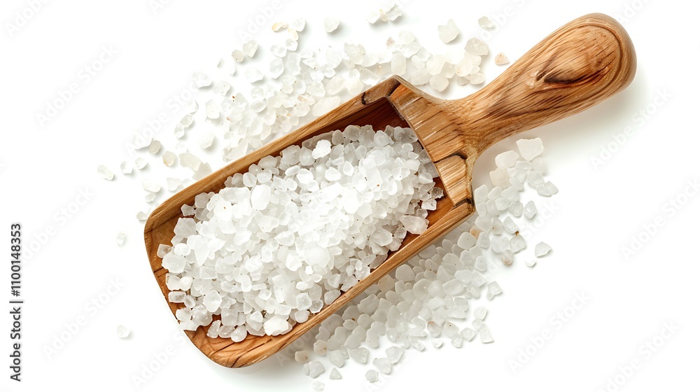 A wooden scoop filled with coarse salt, surrounded by scattered salt crystals, emphasizing its culinary use. A wooden scoop filled with coarse salt, surrounded by scattered salt crystals, emphasizing its culinary use.