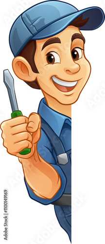 An electrician handyman or other construction cartoon mascot man holding a screwdriver tool.