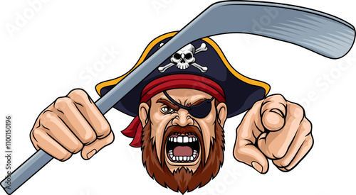 An angry Pirate cartoon character holding hockey stick and pointing ice hockey sports team mascot illustration.