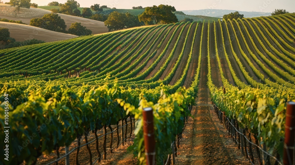 Fototapeta premium Lush vineyard rows stretch across rolling hills under a warm sunset.