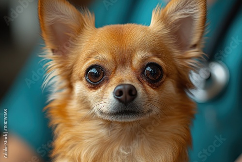 Adorable long-haired chihuahua at vet checkup. photo