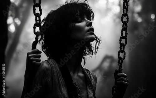 Captivating Monochrome Portrait of Solitude: A Powerful Exploration of Emotion in Nature, Highlighted by the Ethereal Light and Shadows Surrounding a Figure on a Swing. Women's Rights 