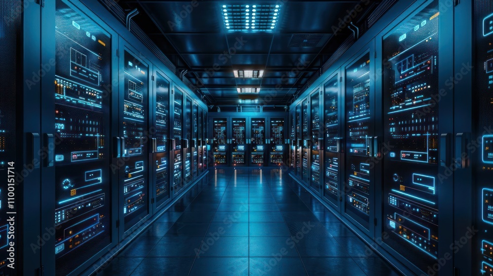 Fototapeta premium A modern server room filled with high-tech data storage equipment and illuminated displays.