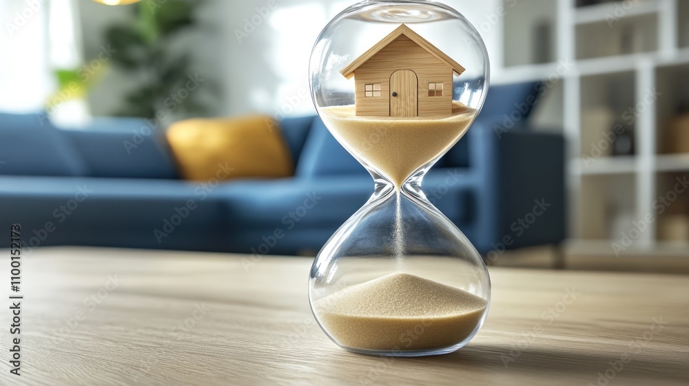 Miniature house inside hourglass on table, home, time, concept.