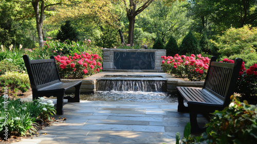 Peaceful garden featuring a memorial plaque, cascading fountain, benches, and vibrant roses surrounded by lush greenery under sunlight.