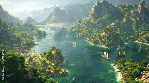 Wallpaper Mural A serene landscape featuring a river, mountains, and sailing ships amidst lush greenery. Torontodigital.ca