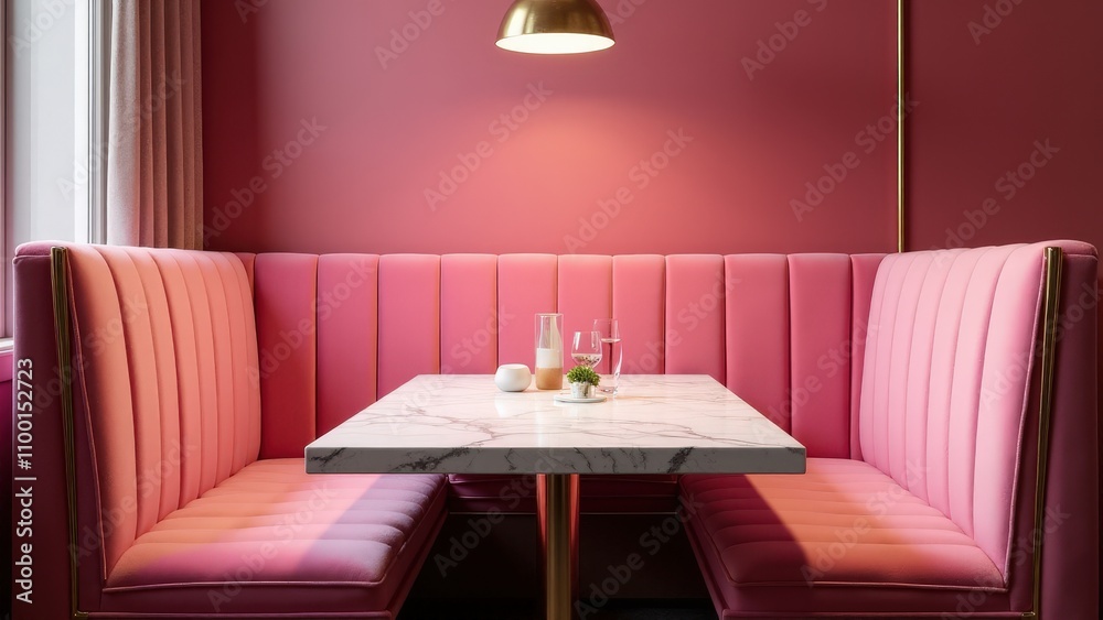 Pink restaurant booth mockup with velvet seating, gold trim, and a marble table, illuminated by soft lighting for a luxury feel.