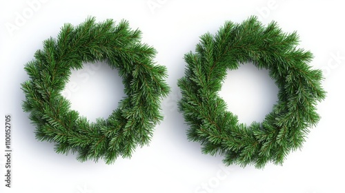 Realistic circular pine wreaths with green needles for Christmas decorations.