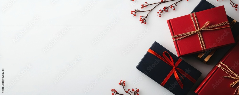 Fototapeta premium A festive arrangement of wrapped gifts in red and navy, adorned with ribbons, against a clean white background.