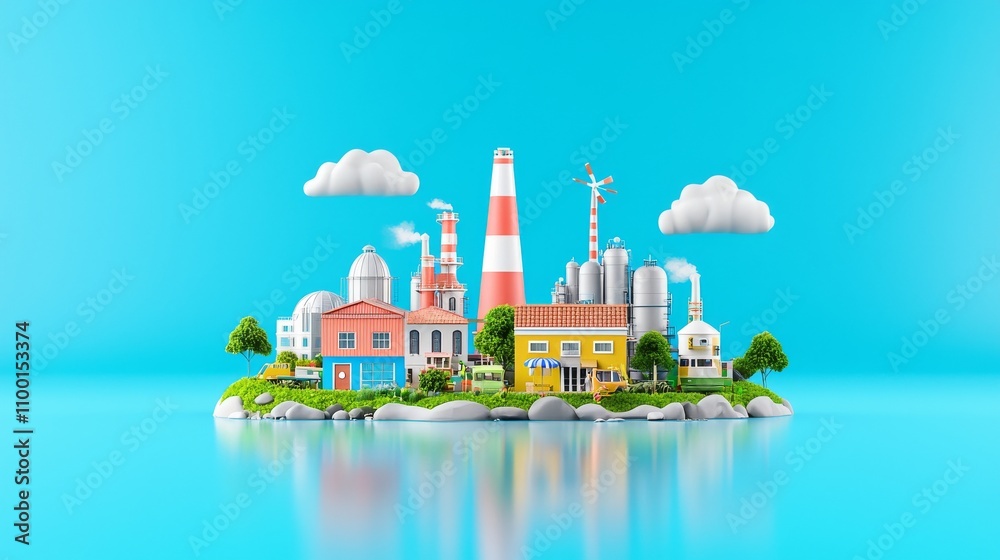 Fototapeta premium A flat design depiction of an industrial city emitting pollution juxtaposed with a green, sustainable city, intended to promote environmental consciousness.