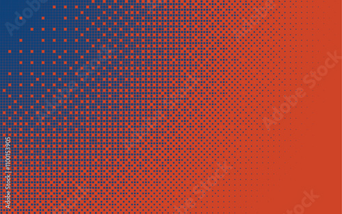 Blue red radial bitmap texture, abstract pattern halftone vector background, glitch screen with flicker pixels effect