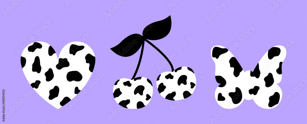 Fototapeta premium Minimalistic heart icon, cherry and butterfly shape with black and white сow print pattern on purple background. Vector dalmatian design elements illustration