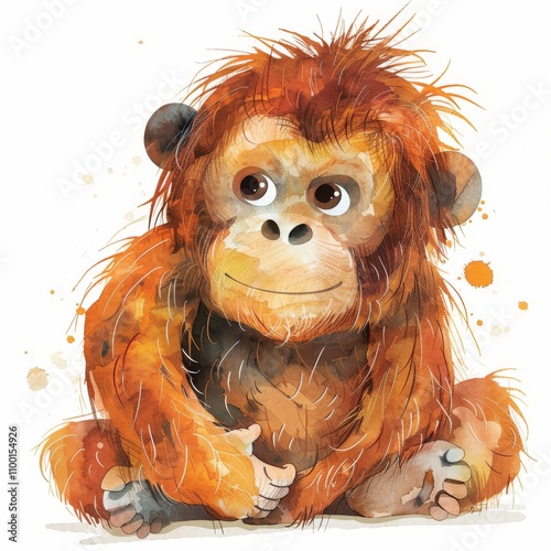 Adorable and playful watercolor illustration of a young orangutan, showcasing its expressive features and vibrant fur. photo