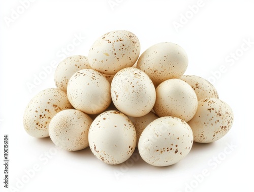 Pile of smooth-shelled duck eggs isolated on white background,