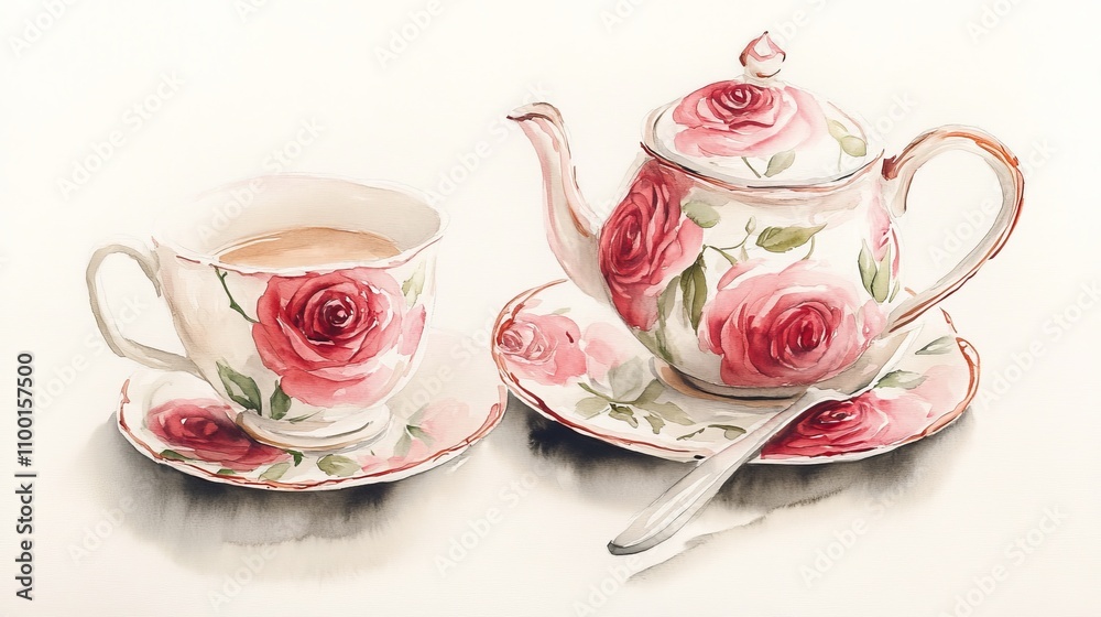 Fototapeta premium Watercolor tea set adorned with classic rose designs. 