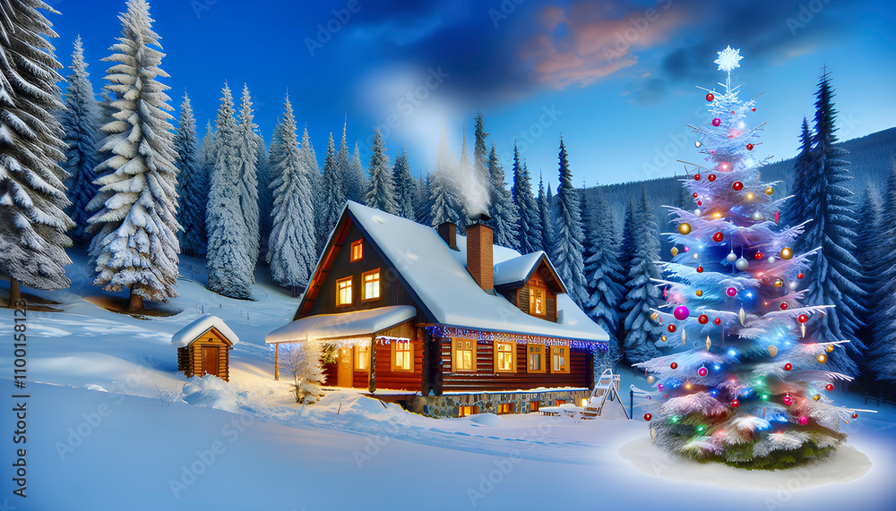 Fototapeta premium a charming winter snowy village scene adorned with Christmas lights and holiday cheer, captured in a cozy greeting card style, evoking warmth and festive spirit during the holiday season
