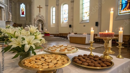 Altar of a Catholic Church Prepared for Feast Day Celebration photo