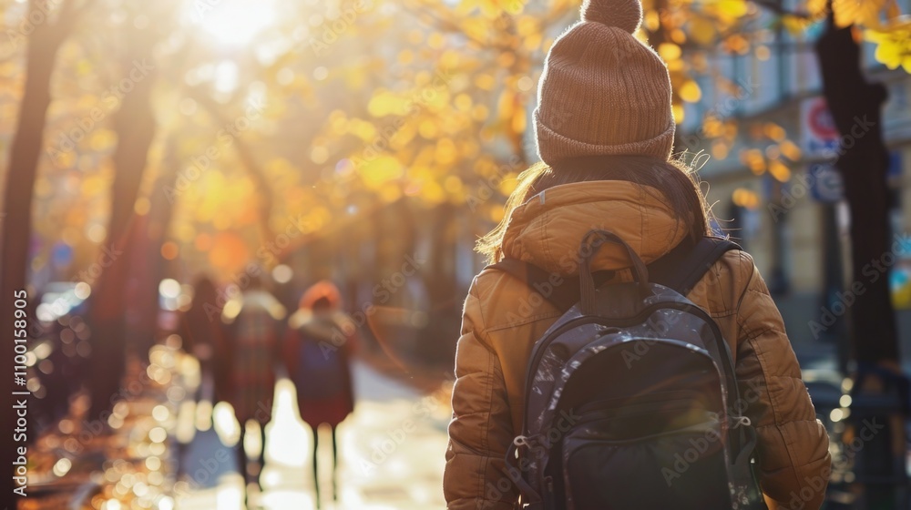 A person carrying a backpack walks down a street, great for travel or adventure themes