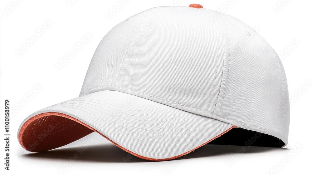 Fototapeta premium A photostock of a clean white baseball cap displayed against a white background, ideal for sports or casual apparel designs. High Quality