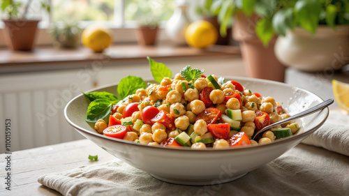 Fresh chickpea salad with vegetables by a window