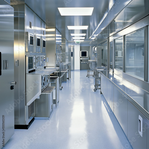 Pharmaceutically  medicine concept. Modern sterile laboratory with shiny metal surfaces and bright lighting. photo