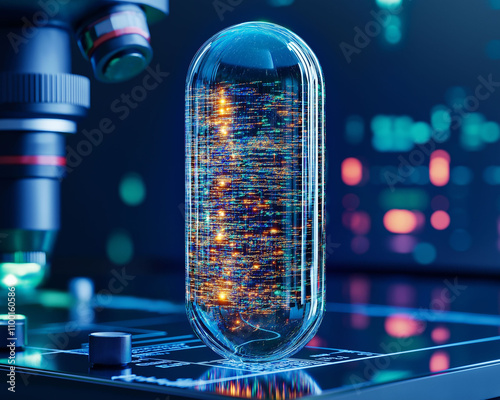 Pharmaceutically  medicine concept. Futuristic capsule with glowing circuitry under a microscope. photo