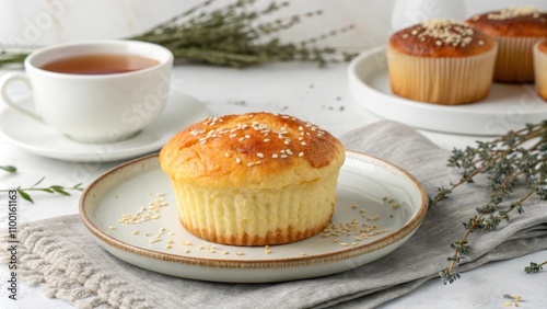 Delicious Thai Rice Flour Muffin with Cup of Tea and Herbs