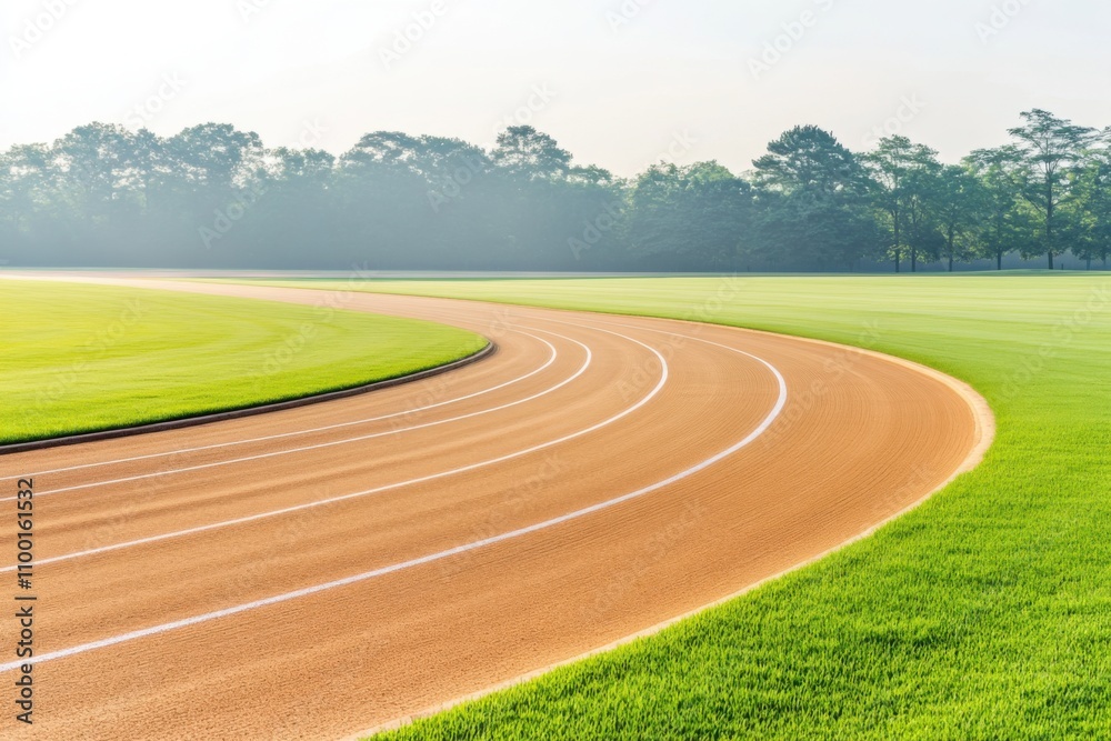 Naklejka premium Sunlit Curved Running Track Amid Lush Green Fields and Misty Morning Trees