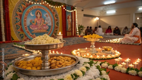 Elaborate Hindu Festival Setup with Silver Plate Offerings photo