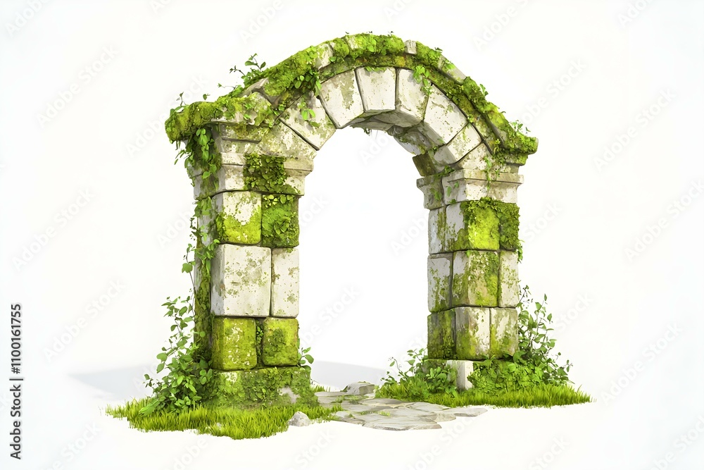 Fototapeta premium Abandoned Stone Archway Covered in Greenery and Moss Amidst a Bright Background