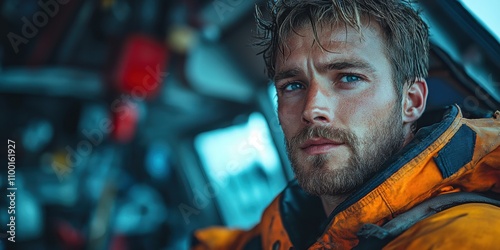 A rugged man in a bright orange rain jacket glances confidently from inside a vehicle, capturing the essence of adventure and resilience in his determined gaze photo