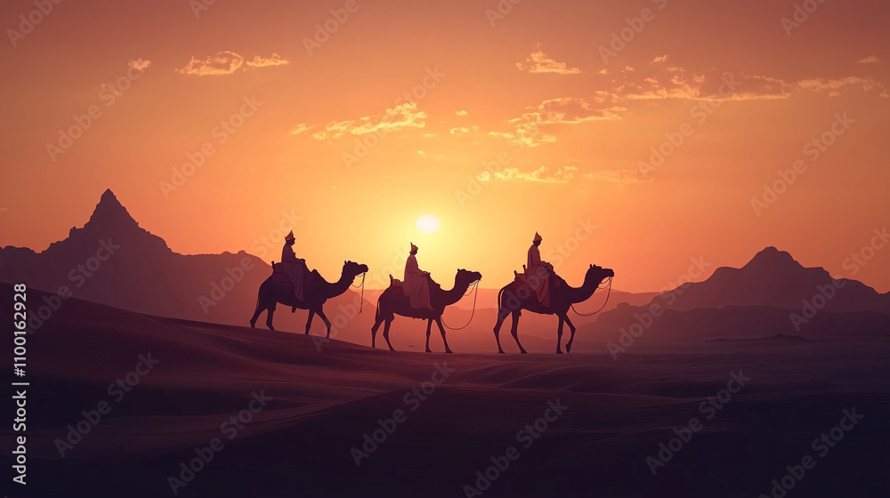 Silueta de tres camellos con jinetes al atardecer en el desierto Silueta de tres camellos con jinetes al atardecer en el desierto