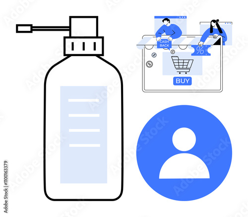 Large pump bottle next to e-commerce purchase and user ID icon. Ideal for online shopping, technology, e-commerce, user experience, hygiene, digital transactions, safety awareness. Line metaphor