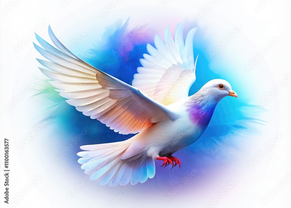 Fototapeta premium White dove on a clear background, representing peace and tranquility. Ideal for nature themes and artistic endeavors in stock photography. Perfect for conveying serene symbolism.