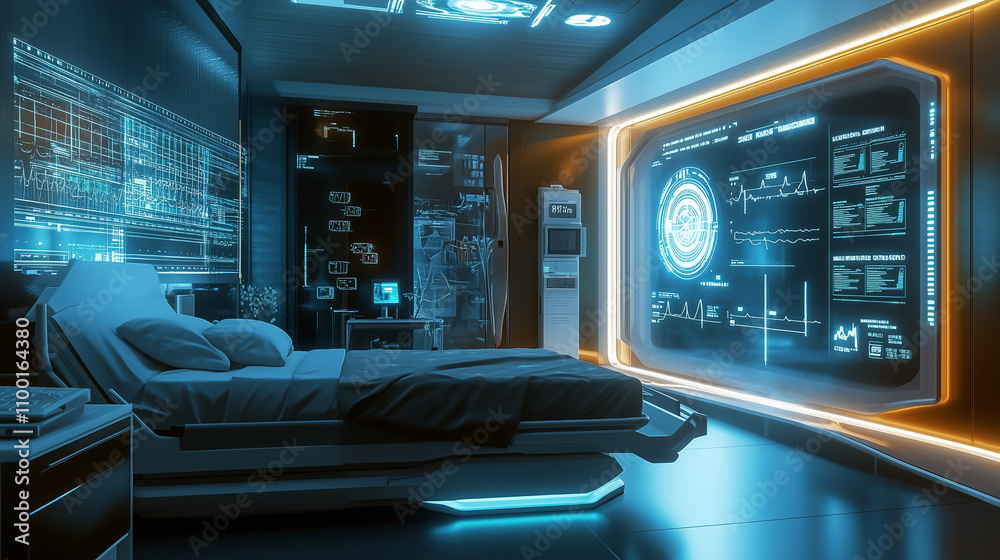 Obraz premium A cutting-edge futuristic hospital room equipped with glowing medical monitors, high-tech diagnostic tools, and a sleek modern hospital bed. Perfect for healthcare innovation themes