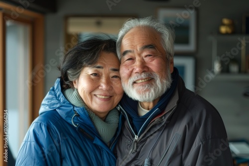 Portrait of a blissful asian couple in their 60s wearing a lightweight packable anorak over scandinavian-style interior background photo